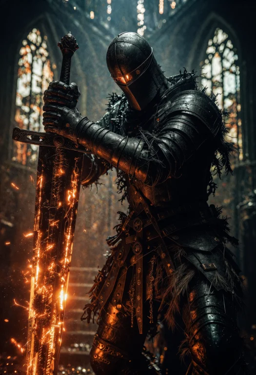 A Heavily Armored Knight With A Weathered, Dark Steel Helmet...
