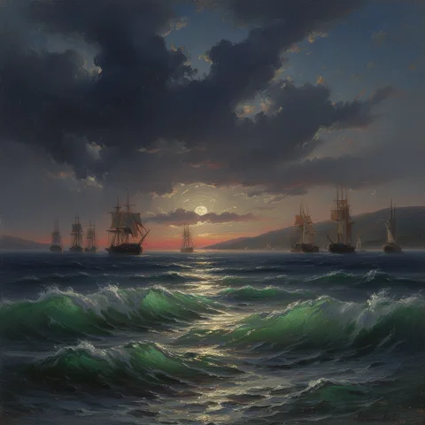 R1280f2aivazovsky The Composition Depicts A Serene Moonlit S... — Stable Diffusion AI Prompt: r1280f2aivazovsky The composition depicts a serene moonlit seascape with a tranq...