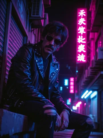 Photograph Of A Dark, Neon-lit Urban Alleyway At Night. A Mi... — Stable Diffusion AI Prompt: Photograph of a dark, neon-lit urban alleyway at night. A middle-aged man with a...