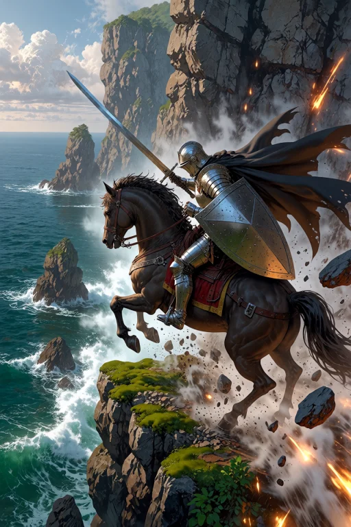, Knight Riding A Horse Along A Cliff Edge During A Landslid...