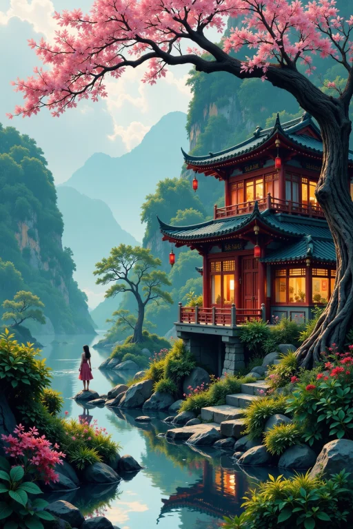 An Oriental Villaje Beautiful Landscape, Rainy Day, Woman, V...
