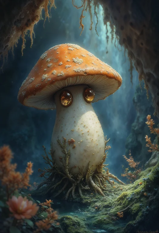 In The Style Of Brian Froud Painting, A Living Mushroom Cap,...