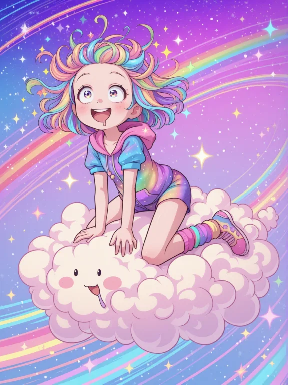 1girl, Kawaii, Cute, Adorable, Riding On A Cloud, Rainbowrid...