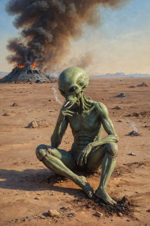 Sad Alien Smokes, Sitting On A Ground, An Alien Ship Crashed...