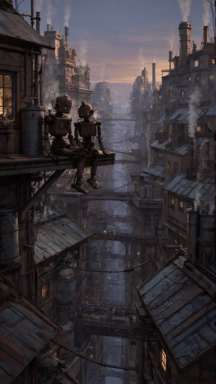 2 Small Rusty Robots Sitting On The Edge Of A High Rooftop,...