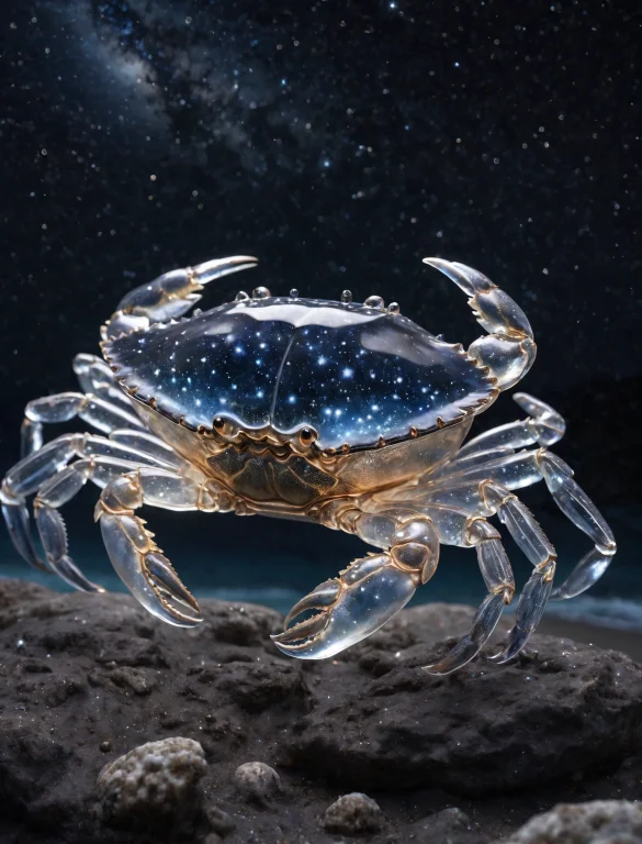 A Crystal Sculpture Of A Translucent Crab, With A Starry Sky...