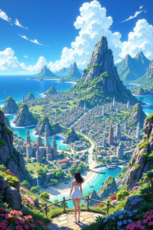 Ocean City Beautiful Anime Landscape, Bright Sunny Sky, Woma...