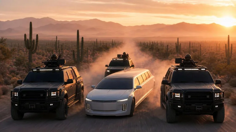 A Convoy Foremd By A White Scifi Limousine Is Zooming On A S...