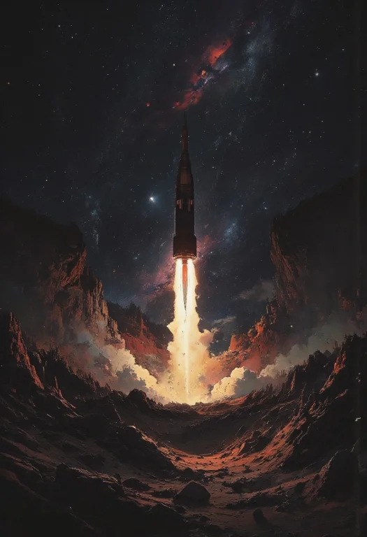 Stunning Cinematic, Dramatic Illustration Of A Rocket Taking...
