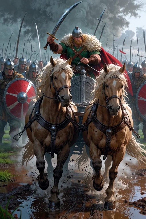 , Viking Riding A Chariot Pulled By Two Shaggy Ponies Across...