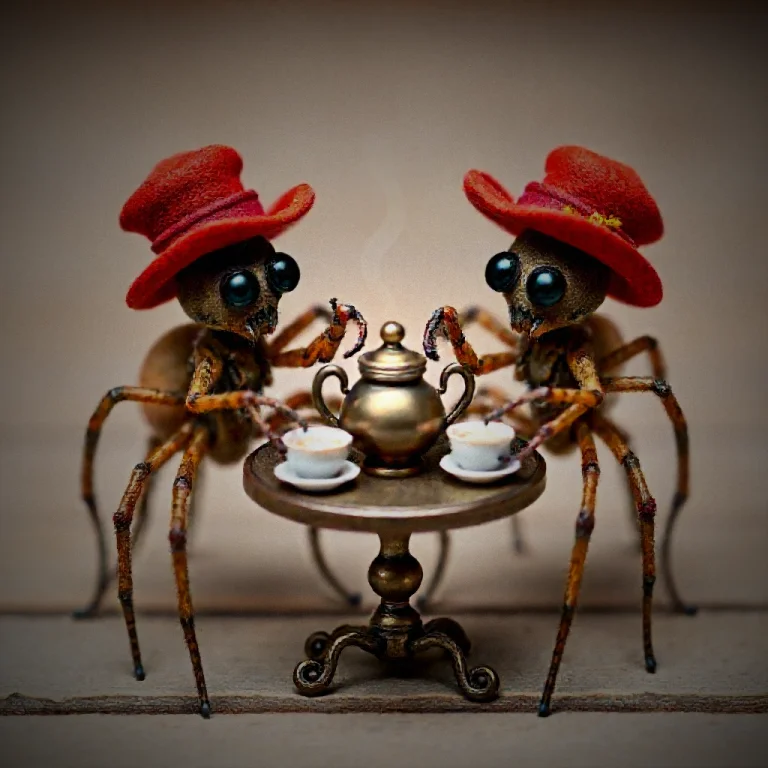 Two Spiders Having A Tea Party At A Tiny Table With Two Cups...