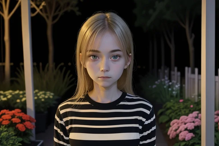 Portrait, Expressionless, Striped Shirt, Garden At Night