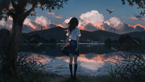 A Wide Shot From Behind Shows A Girl With Long Black Hair St... — Stable Diffusion AI Prompt: A wide shot from behind shows a girl with long black hair standing on a grassy b...