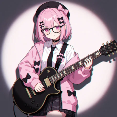 Anime Electric Guitarist Prompt — Stable Diffusion AI Prompt: An anime girl with pink hair, glasses, and a jirai kei style playing the electri...