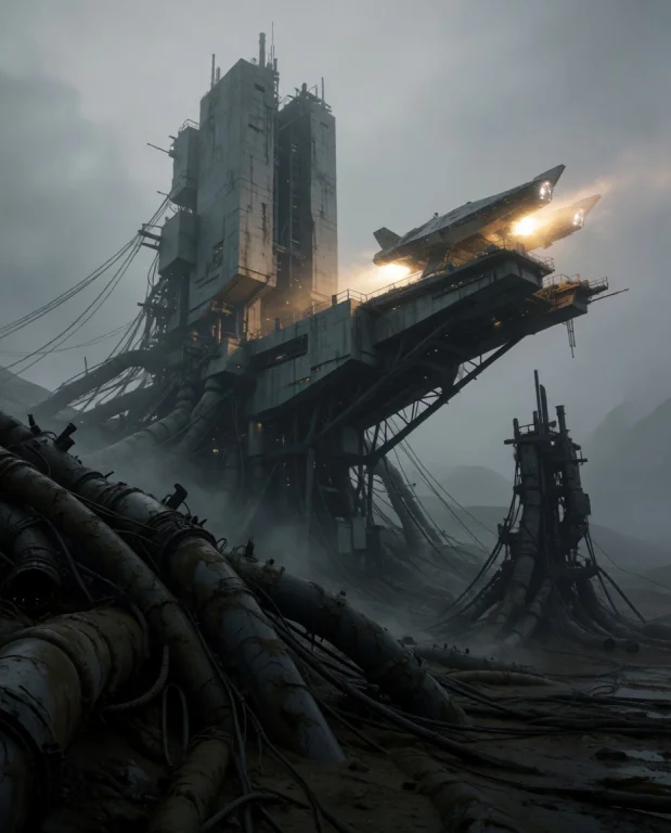 Brutalism Building, Spaceport With A Platform And A Spaceshi...