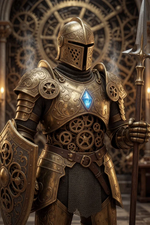 A Detailed Portrait Of A Clockwork Paladin In Full Brass Arm...