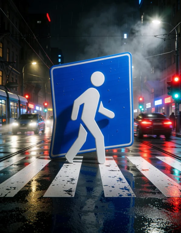 A Living Pedestrian-crossing Pictogram Steps Out Of A Blue R...