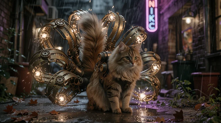 A Steampunk Kitsune With A Brass Tail Split Into Nine Mechan...