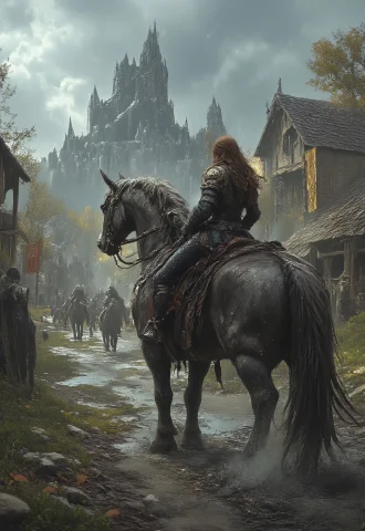 Set In Medieval Times. A Woman Is Riding A Horse Down A Vill... — FLUX AI Prompt: Set in medieval times. A woman is riding a horse down a village street. She is r...