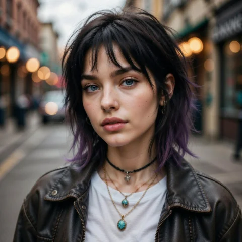 Close-up Portrait Of A Young Woman With A Messy, Shaggy Blac... — Stable Diffusion AI Prompt: Close-up portrait of a young woman with a messy, shaggy black haircut with dark...