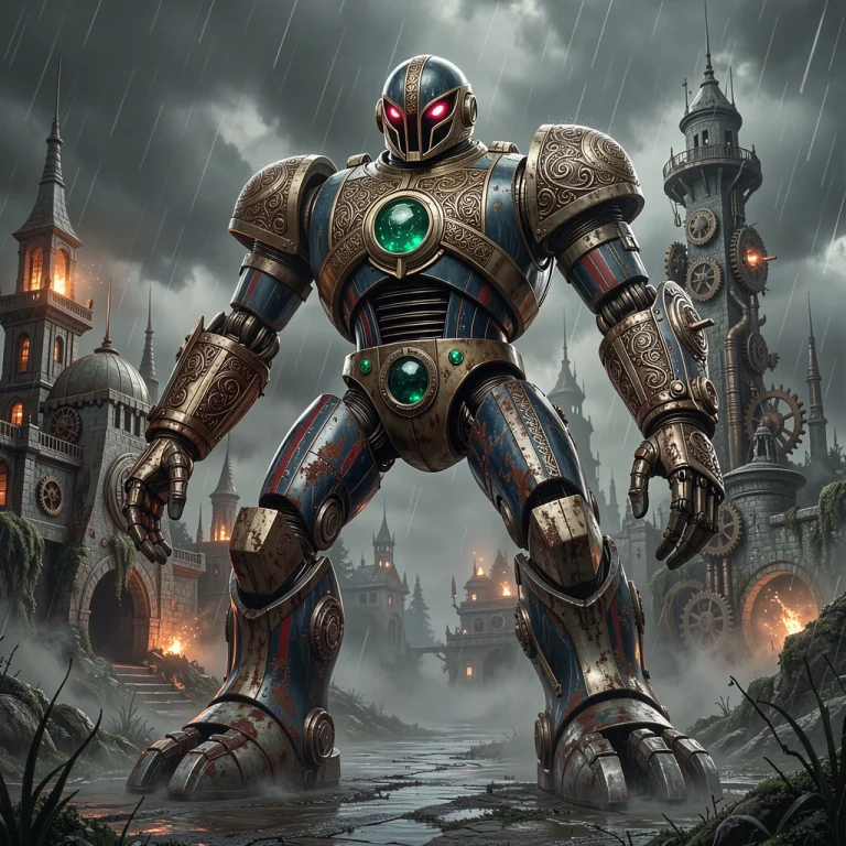 Giant Ancient Robot. Dark Blue And Red Stripes And Shiny Bra...