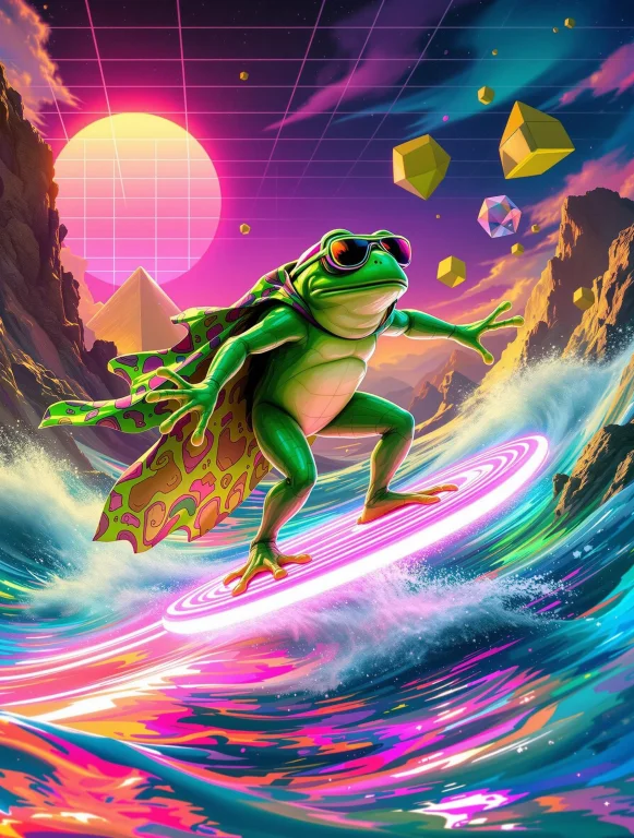 A Surreal Scene Featuring A Quantum-pickle Frogsurfer, A Hum...