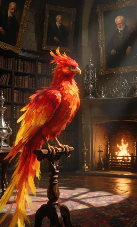 A Phoenix Perched On A Wooden Stand In Dumbledores Office. T...