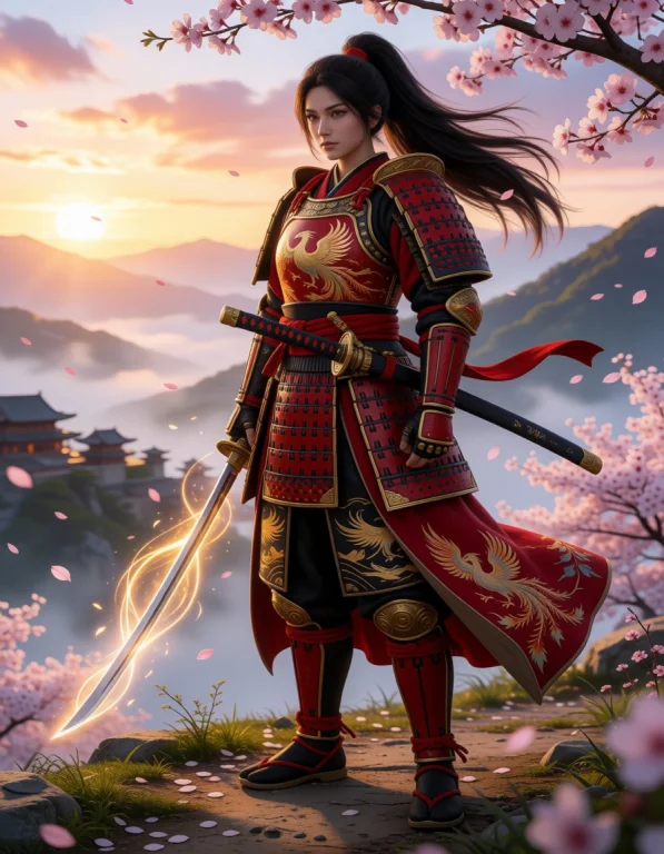 A Formidable Female Samurai Standing On A Mountain Path Over...