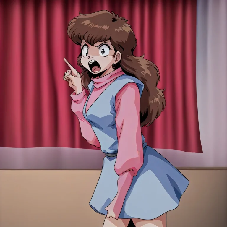 1girl, Brown Hair, Long Hair, Pointing, Solo, Open Mouth, St...