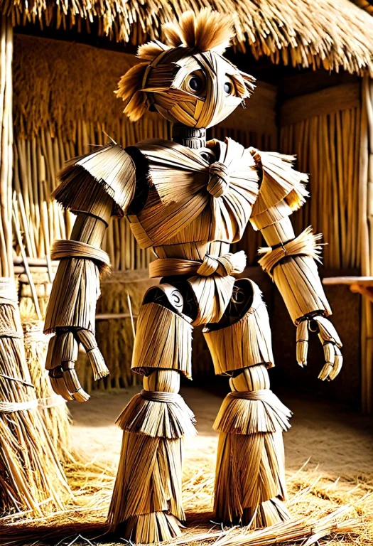 A Humanoid Robot Built Out Of Bound Straw Stalks, Visible Ti...