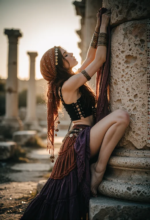 A Dramatic Medium Shot Of A Young Beautiful Gypsy Woman, Sle...