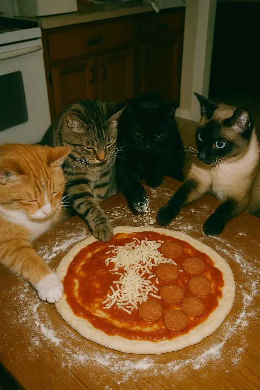 A Group Of Cats Making Pizza In The House , Shot With Camera...