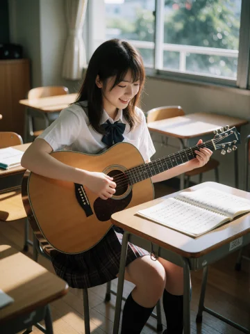 Ultra Realistic Asian Student Playing Guitar — Stable Diffusion AI Prompt: Cinematic, ultra-realistic photo, JapCla, Ultra-realistic candid photograph of a...