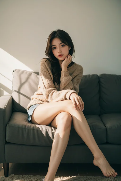 1girl,sitting On A Cozy Couch,crossing Legs,soft Light