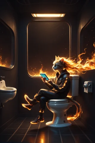 Cat Sitting On A Toilet In A Futuristic Bathroom, Reading A... — Stable Diffusion AI Prompt: cat sitting on a toilet in a futuristic bathroom, reading a phone, futuristic, s...