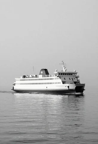 A Ferry Crossing Calm Water At First Light, Low Poly, Minima... — Stable Diffusion AI Prompt: a ferry crossing calm water at first light, low poly, minimalist framing, monoch...