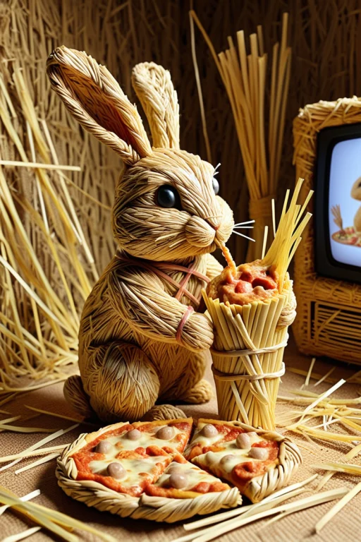 Rabbit Watching Tv And Eating Pizza.. . Made Of Straw, Straw...