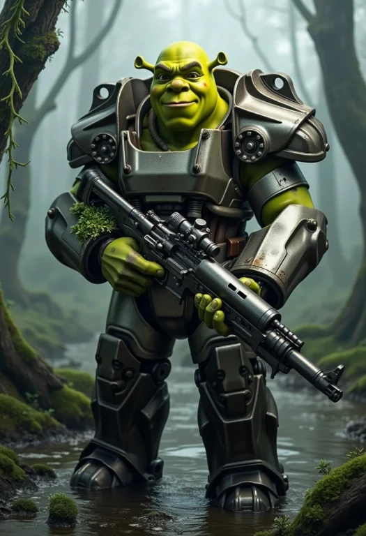 A Detailed Depiction Of Shrek Wearing T-60 Power Armor, Stan...