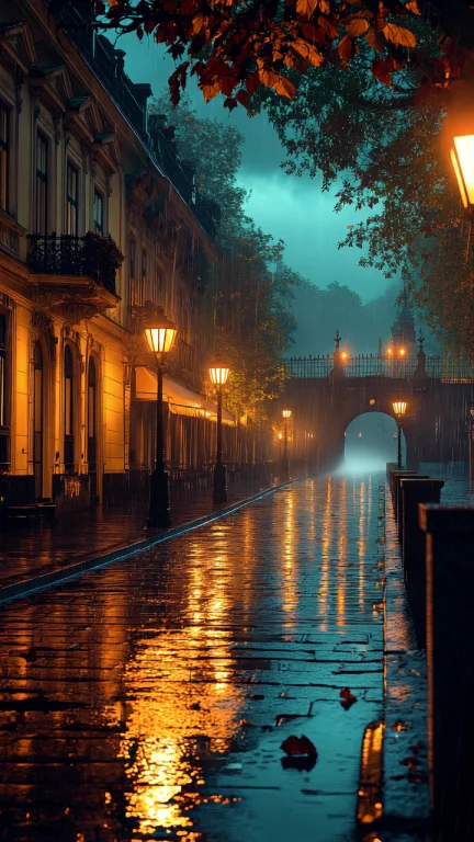 Scene Description A Cinematic, Rain-soaked European Street A...