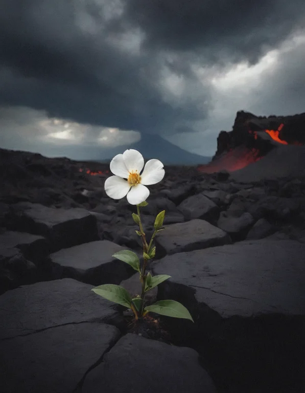 Cinematic Photography Of A Single White Flower Growing From...