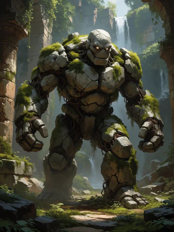 Digital Painting Portrait Of A Colossal Stone Golem, With Cr...