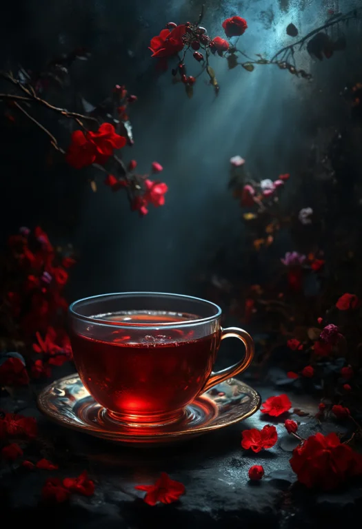 Elegance And Darkness. The Image Features A Cup Of Tea, Whic...