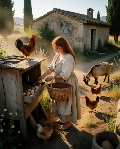Subject And Action Bianc Stands Prominently In A Rustic Farm... — Stable Diffusion AI Prompt: Subject and action Bianc@ stands prominently in a rustic farmyard, her posture n...