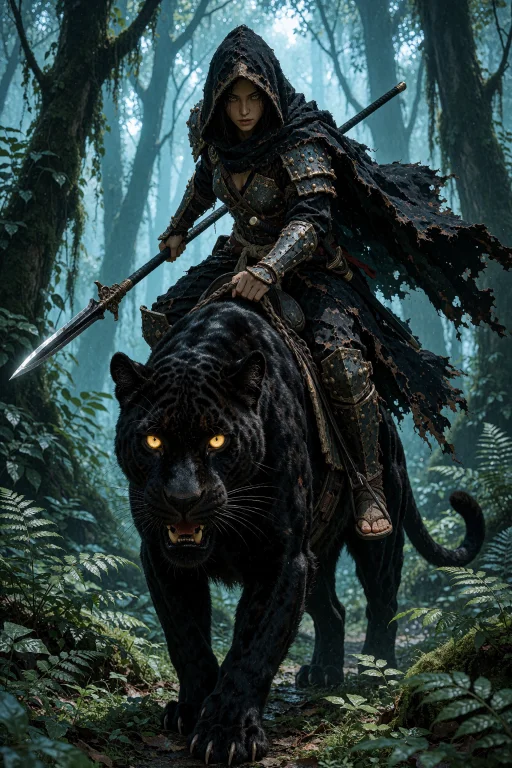A Hooded Female Riding A Large, Black Panther Through A Dens...