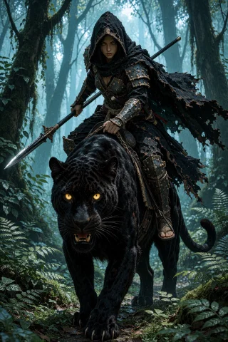 A Hooded Female Riding A Large, Black Panther Through A Dens... — Stable Diffusion AI Prompt: a hooded female riding a large, black panther through a dense, misty forest. The...