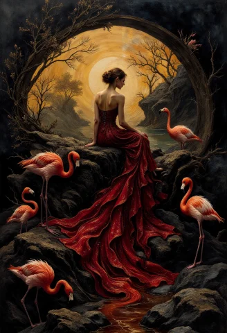 Oil Painting Style, Fantasy Scene Of A Woman In A Glittering... — Stable Diffusion AI Prompt: oil painting style, Fantasy scene of a woman in a glittering red gown flowing li...