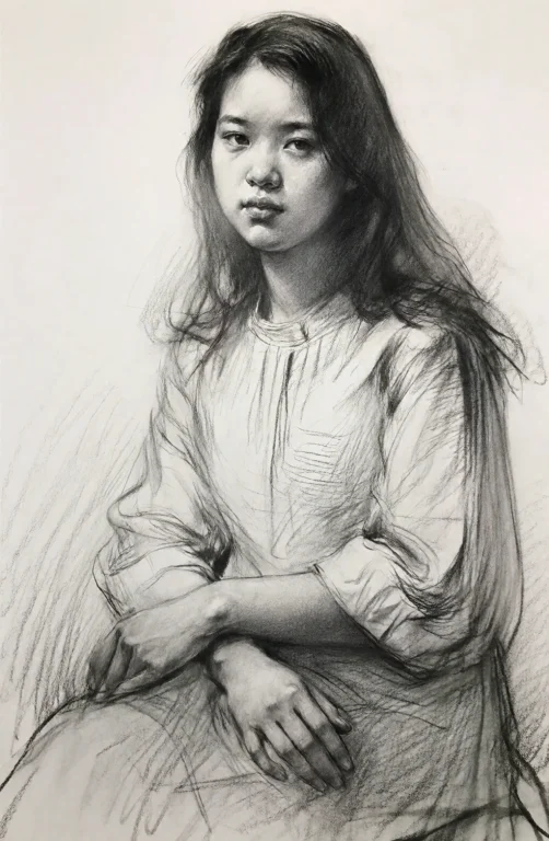Sketchportrait, 1girl, Realistic, Solo, Monochrome, Long Hai...