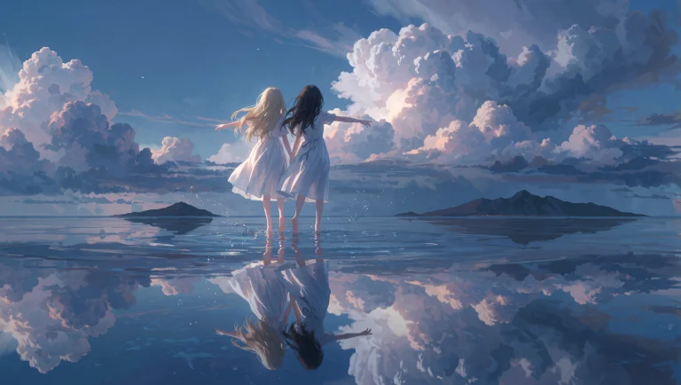 A Wide Scene Shows Two Girls Standing Back To Back On A Perf...