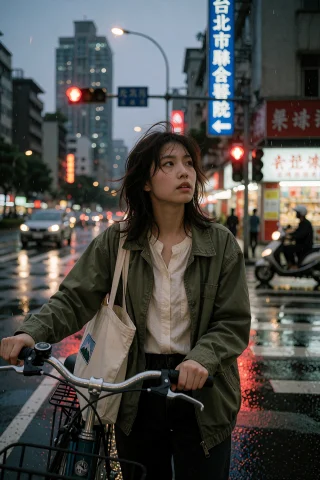 A Young Taiwanese Woman Stands On A Wet City Street At Twili... — Stable Diffusion AI Prompt: A young Taiwanese woman stands on a wet city street at twilight holding bicycle...