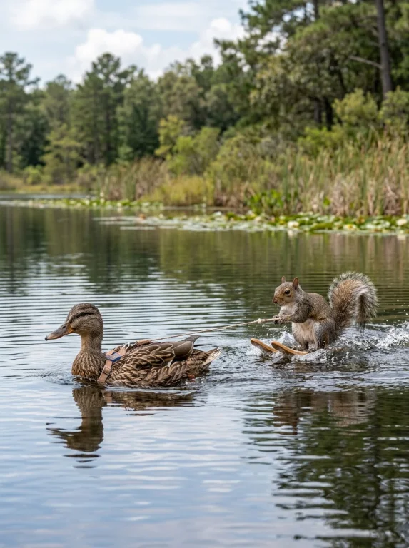 A Duck And A Squirrel On A Calm Freshwater Lake, One Duck Ac...